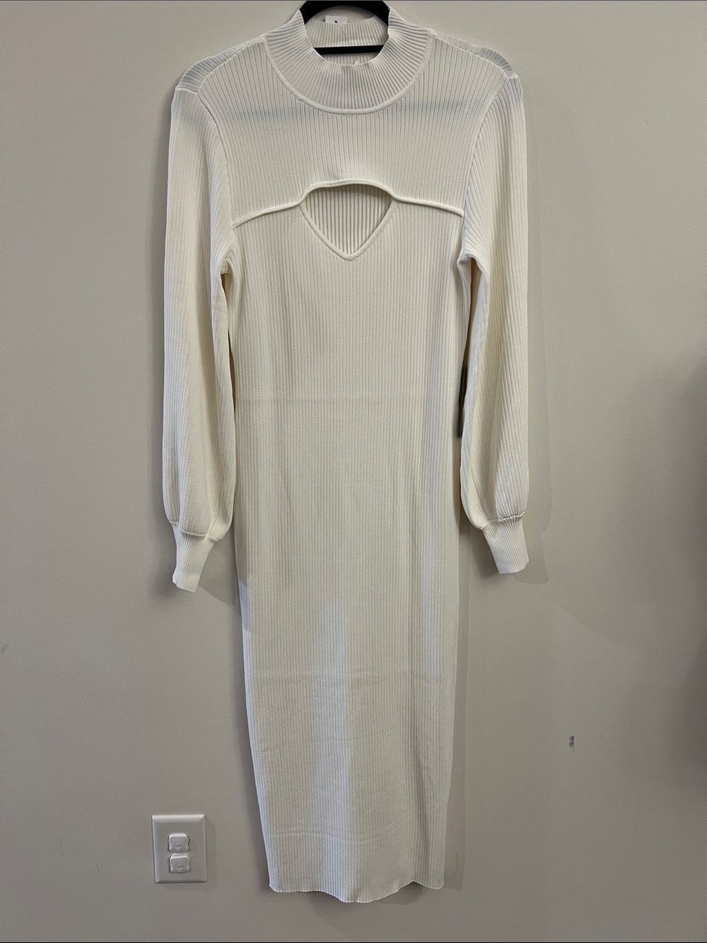 New York & Company Cream Ribbed Long-Sleeve Midi Dress with Cutout Detail